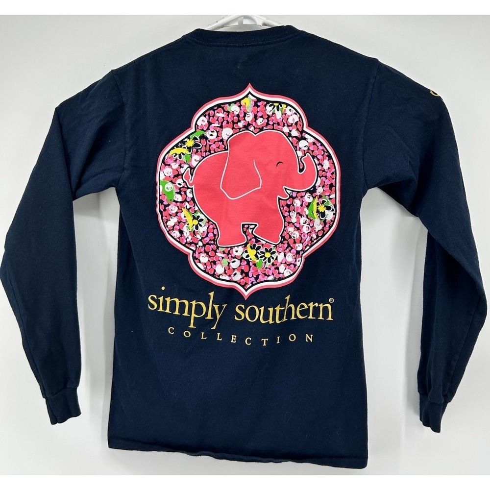 Simply Southern Collection Pink Elephant‎ Long Sleeve T Shirt Blue Women's Small
